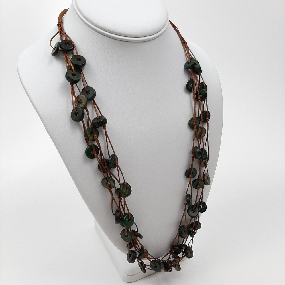 Cord and Stone Statement Necklace Brown and Green - Picture 1 of 9